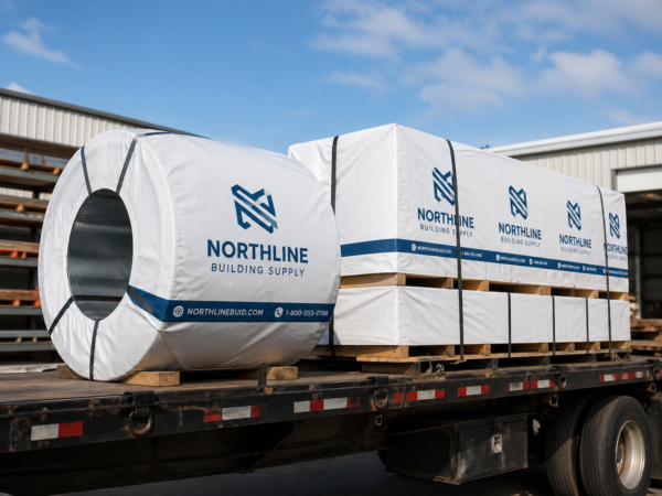 Branded weather-resistant outer packaging around a steel coil and lumber bundle