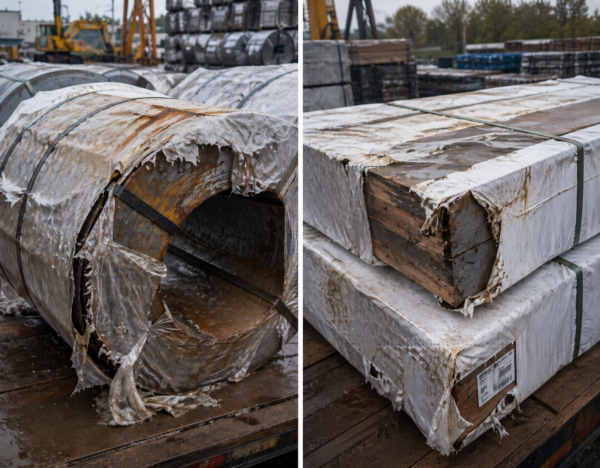 Damaged wrapping exposing lumber bundle ends in an outdoor yard
